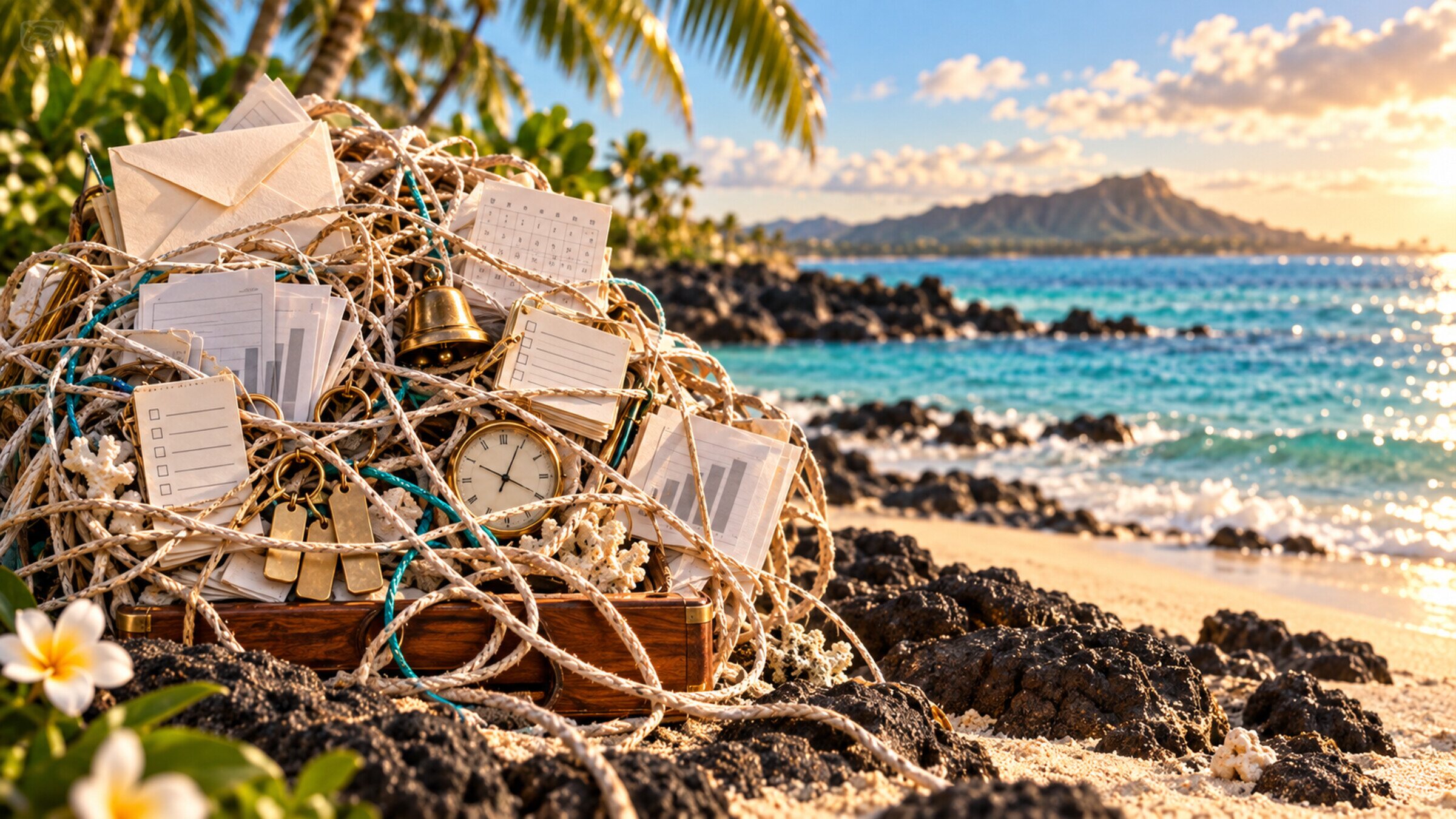 Notes, calendars, keys and loose ends tangled together, with a turquoise cord running through them.