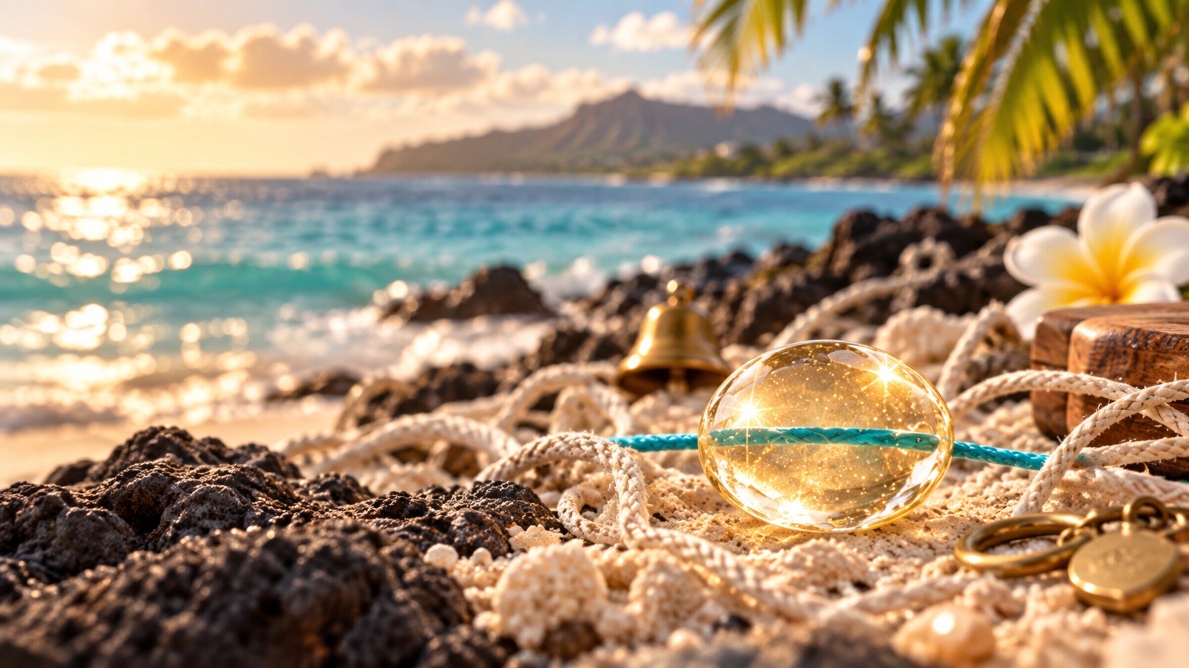The turquoise cord is visible through clear glass beside the ocean.