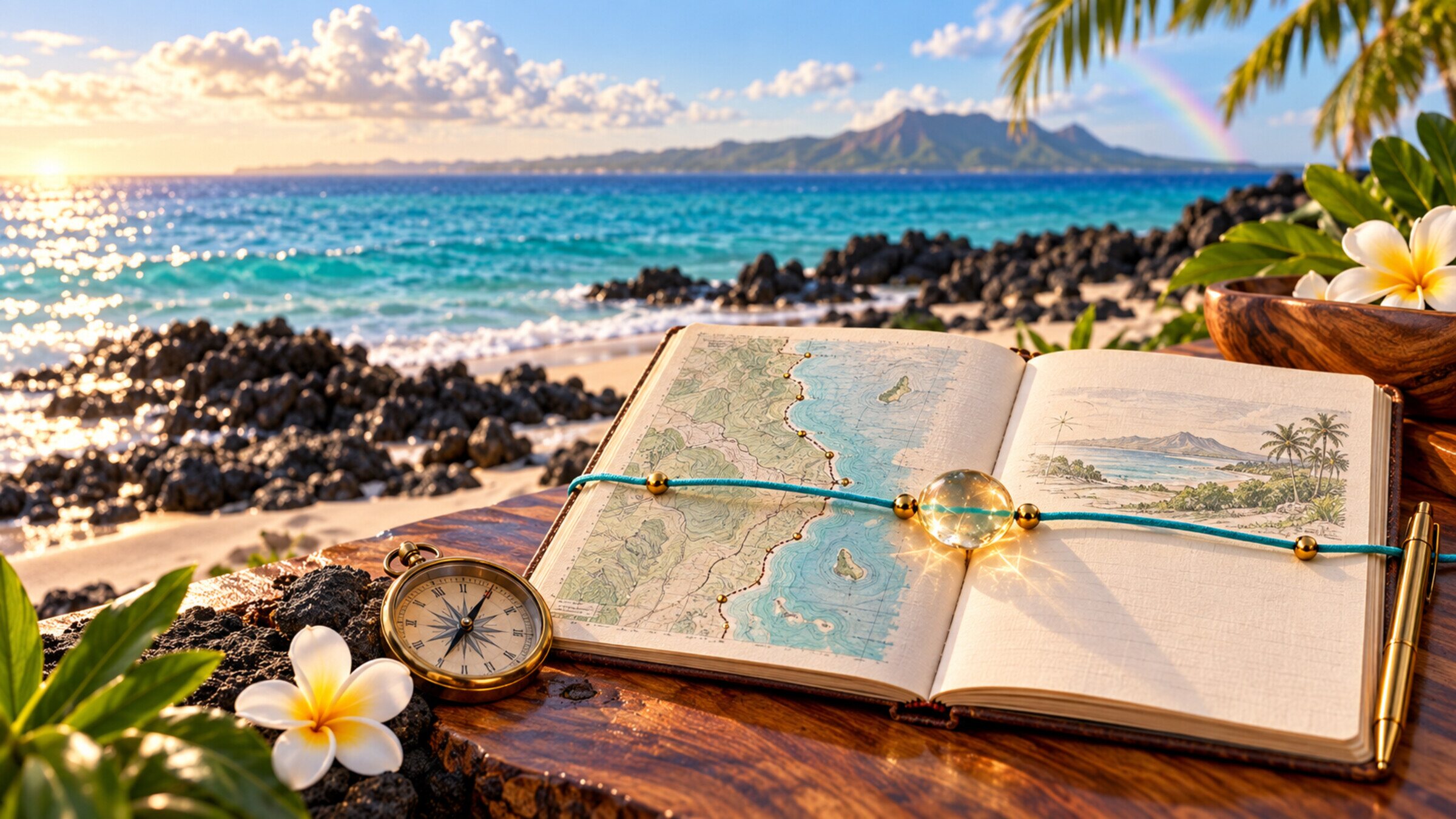 The turquoise cord runs clearly across an open journal and map, with the ocean beyond.